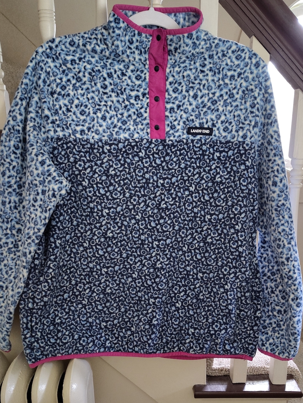 Lands' End Blue Patterned Fleece Pullover with Pink Trim